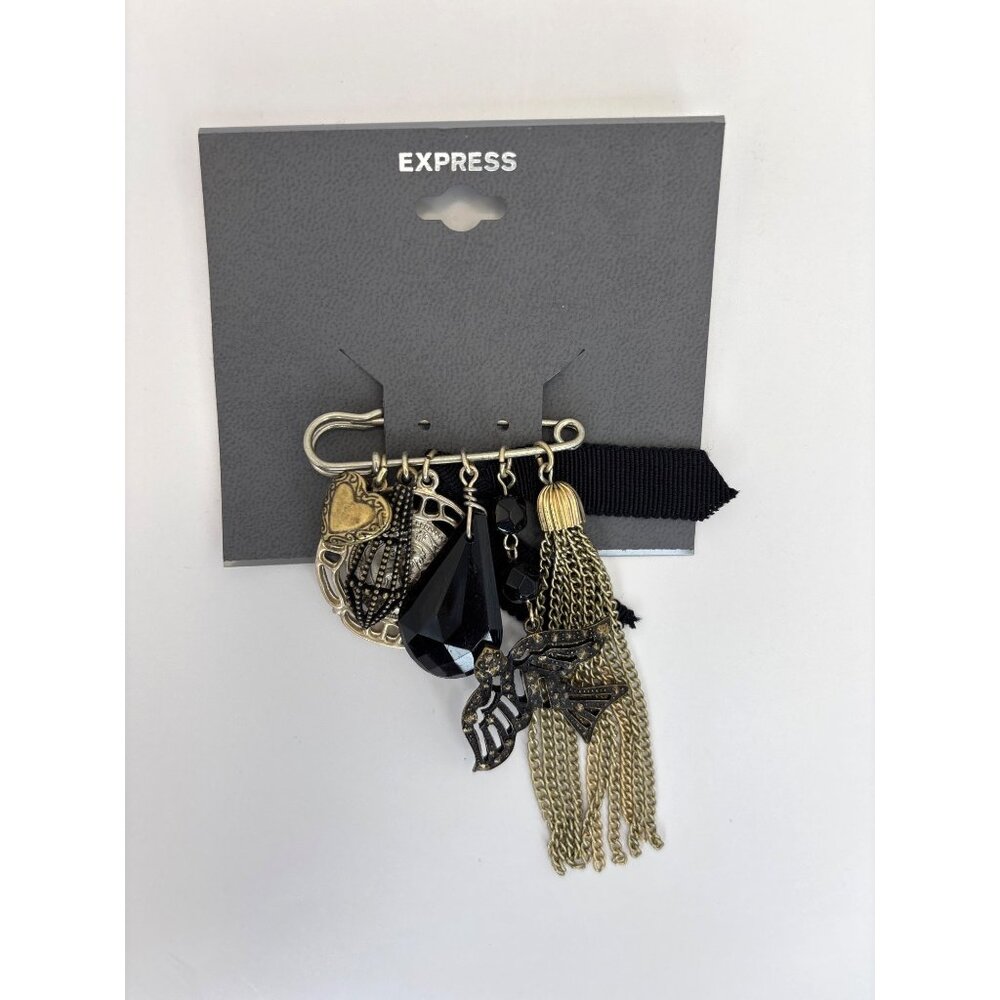 Express Antique Gold Tone Safety Pin Brooch With Charms Coin Tassel NEW